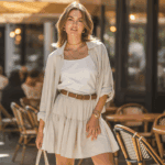 English Factory Linen Blend Belted Tiered Mini Skirt